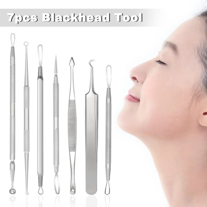 Abody 7pcs Blackhead Tool Acne Clip Facial Comedone Needle Set Facial Pimple Tweezer Stainless Steel Blemish Extractor - Image 3