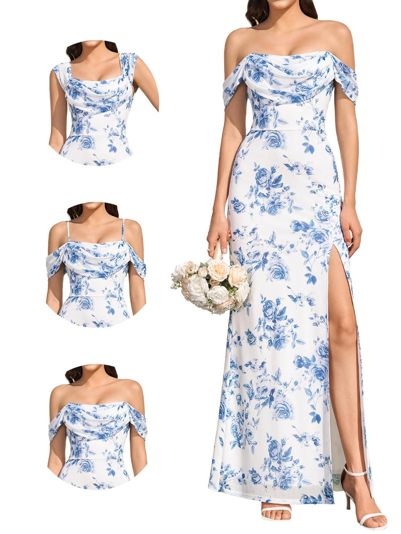 HTZMO Womens Off The Shoulder Wedding Guest Maxi Dress Multi Way Wear Floral Bodycon Split Formal Party Long Dresses BlueFloral M - Image 1