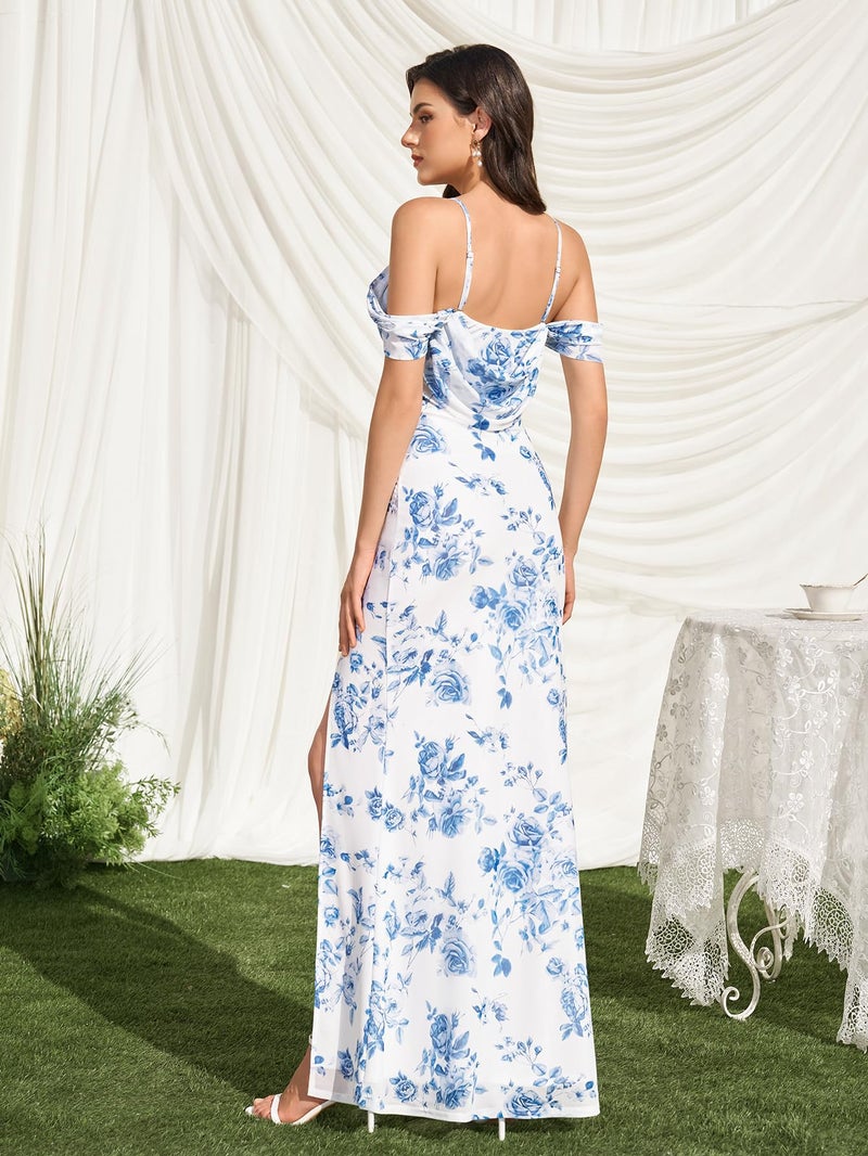 HTZMO Womens Off The Shoulder Wedding Guest Maxi Dress Multi Way Wear Floral Bodycon Split Formal Party Long Dresses BlueFloral M - Image 2