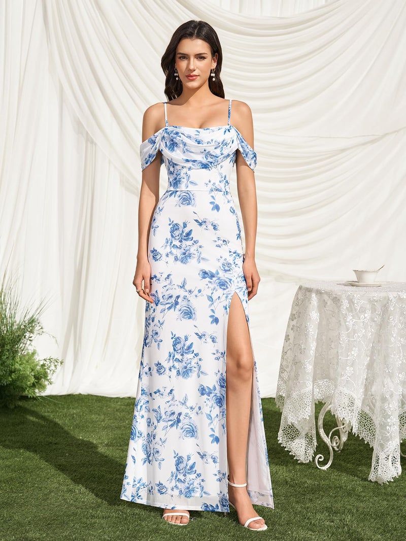 HTZMO Womens Off The Shoulder Wedding Guest Maxi Dress Multi Way Wear Floral Bodycon Split Formal Party Long Dresses BlueFloral M - Image 3