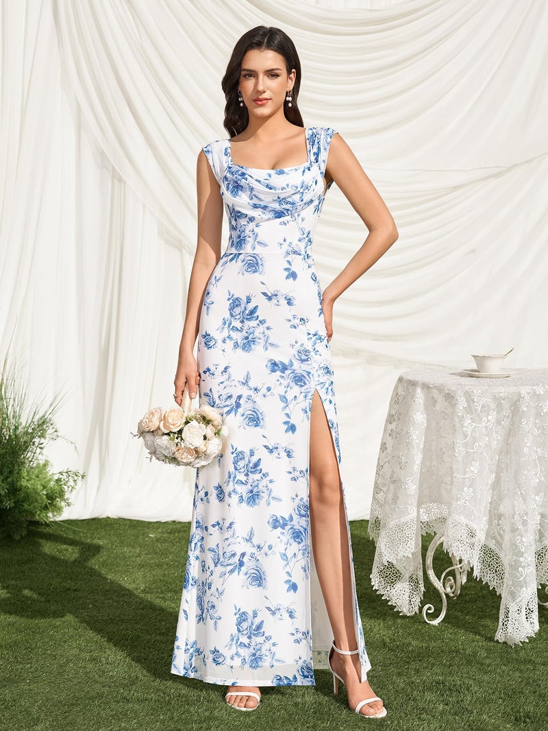 HTZMO Womens Off The Shoulder Wedding Guest Maxi Dress Multi Way Wear Floral Bodycon Split Formal Party Long Dresses BlueFloral M - Image 5