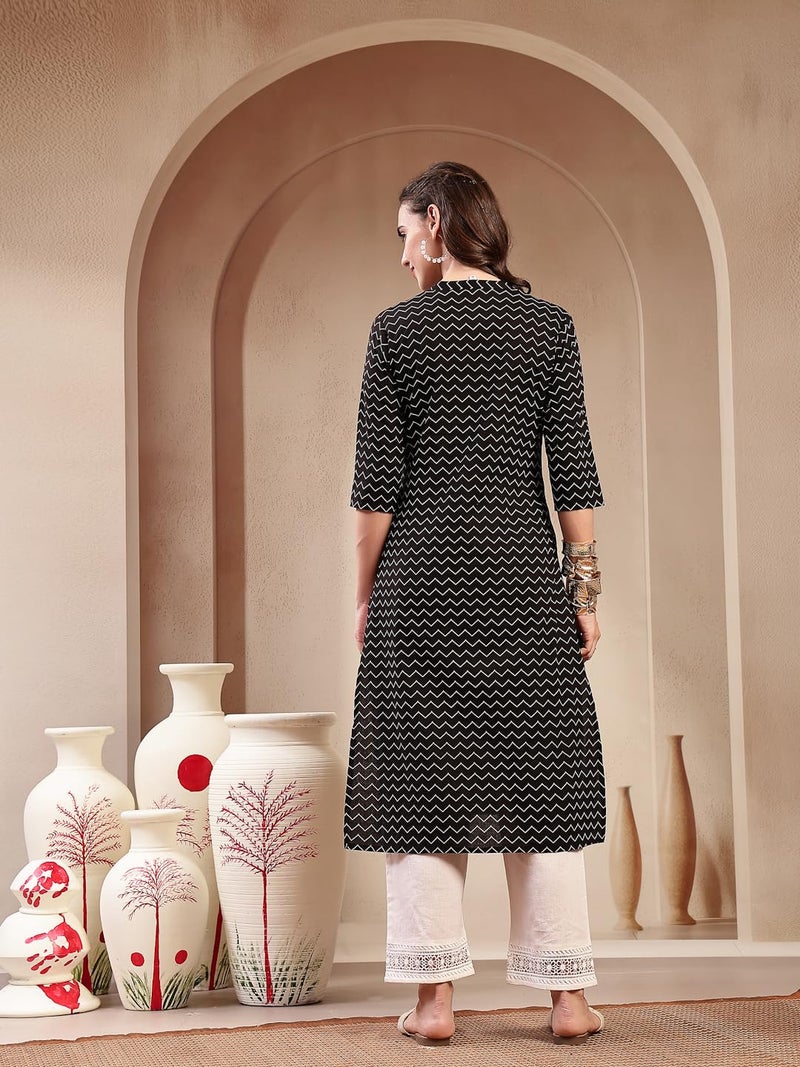 Stylum Women's Black Self Designed & Embroidered Cotton A-Line Kurta - Image 2