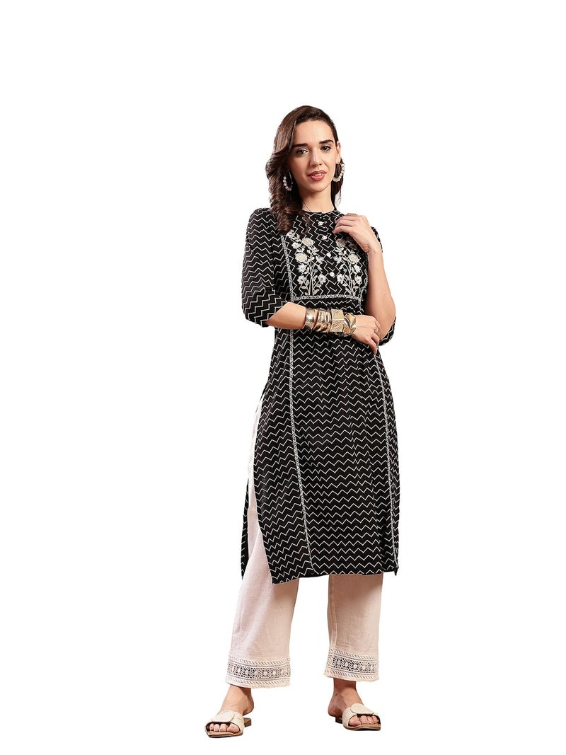 Stylum Women's Black Self Designed & Embroidered Cotton A-Line Kurta - Image 1