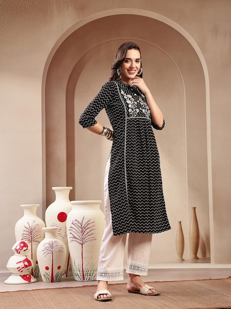 Stylum Women's Black Self Designed & Embroidered Cotton A-Line Kurta - Image 3