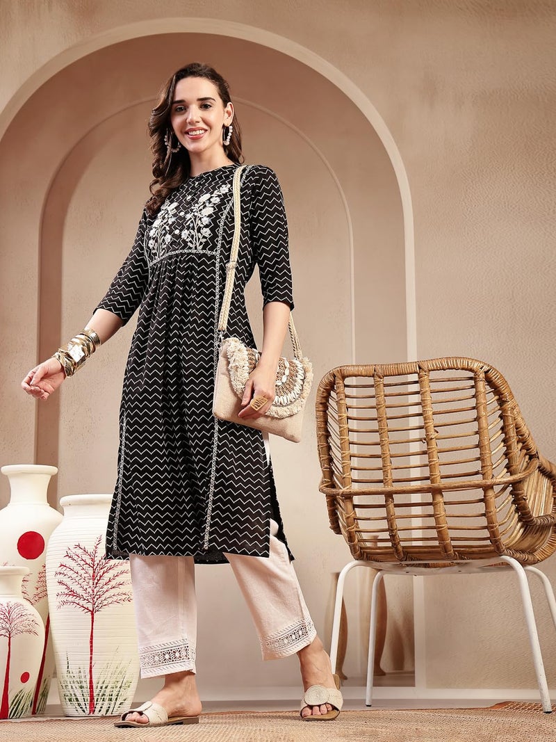 Stylum Women's Black Self Designed & Embroidered Cotton A-Line Kurta - Image 5