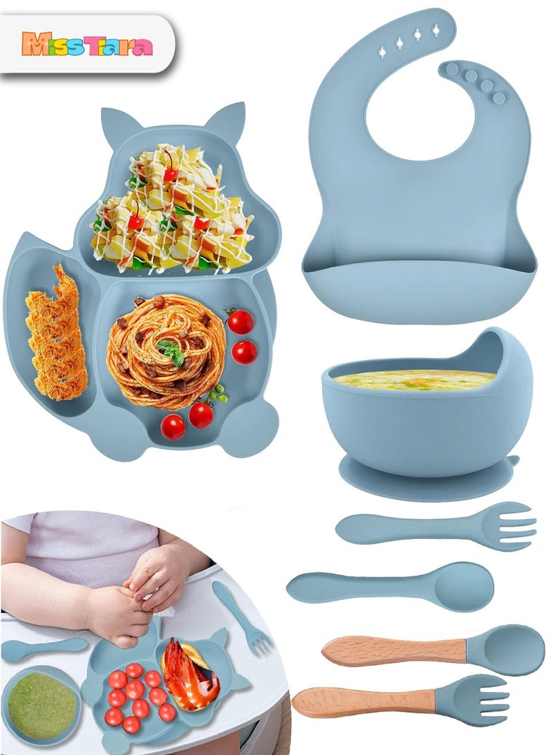 MissTiara مجموعة تغذية الأطفال مكونة من 8 قطع، مجموعة أدوات مائدة للأطفال من السيليكون الآمن غذائيًا، مجموعة أدوات مائدة وأطباق للأطفال على شكل سنجاب، مجموعة أواني طعام للرضع غير قابلة للانزلاق، أدوات تغذية ذاتية للطفل - Image 1
