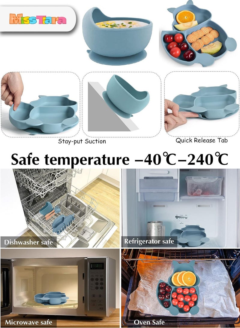 MissTiara مجموعة تغذية الأطفال مكونة من 8 قطع، مجموعة أدوات مائدة للأطفال من السيليكون الآمن غذائيًا، مجموعة أدوات مائدة وأطباق للأطفال على شكل سنجاب، مجموعة أواني طعام للرضع غير قابلة للانزلاق، أدوات تغذية ذاتية للطفل - Image 2
