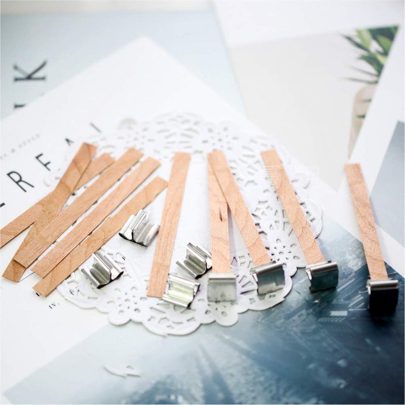Pengxiaomei 100 pcs Wooden Candle Wicks kit, Include 50 Pcs 5.1 X 0.5 Inch Candle Making Wicks and 50 Pcs Iron Stand Naturally Smokeless Wooden Candle Wicks Candle Cores for DIY Candle Making - Image 5