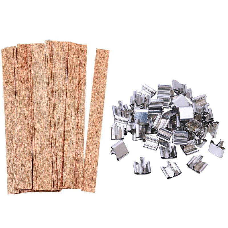 Pengxiaomei 100 pcs Wooden Candle Wicks kit, Include 50 Pcs 5.1 X 0.5 Inch Candle Making Wicks and 50 Pcs Iron Stand Naturally Smokeless Wooden Candle Wicks Candle Cores for DIY Candle Making - Image 1