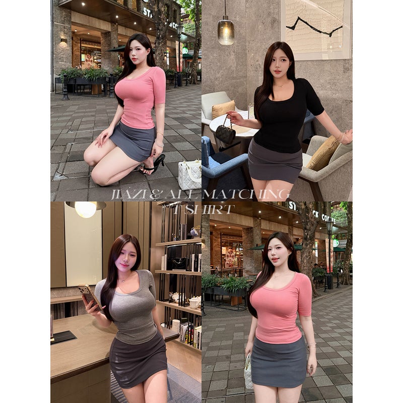 تيشيرت نسائي بأكمام قصيرة بياقة دائرية عالي المرونة بمقاس كبير - Image 1