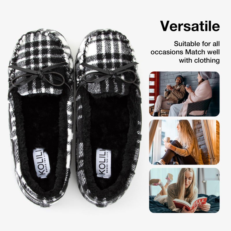 KOLILI Womens Non-slip House Slippers Warm Indoor/Outdoor Moccasin Winter Faux Fur Loafers Black Plaid/8 M US, Moccasin - Image 5