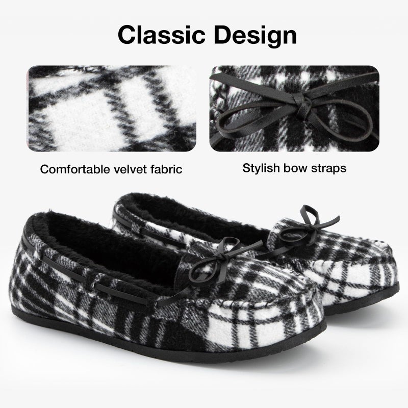 KOLILI Womens Non-slip House Slippers Warm Indoor/Outdoor Moccasin Winter Faux Fur Loafers Black Plaid/8 M US, Moccasin - Image 3