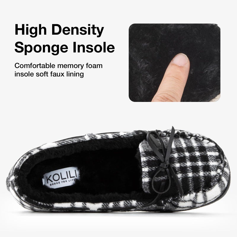 KOLILI Womens Non-slip House Slippers Warm Indoor/Outdoor Moccasin Winter Faux Fur Loafers Black Plaid/8 M US, Moccasin - Image 4