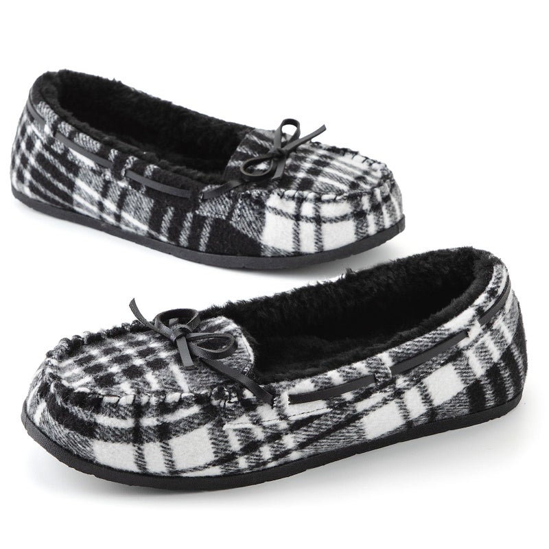 KOLILI Womens Non-slip House Slippers Warm Indoor/Outdoor Moccasin Winter Faux Fur Loafers Black Plaid/8 M US, Moccasin - Image 1