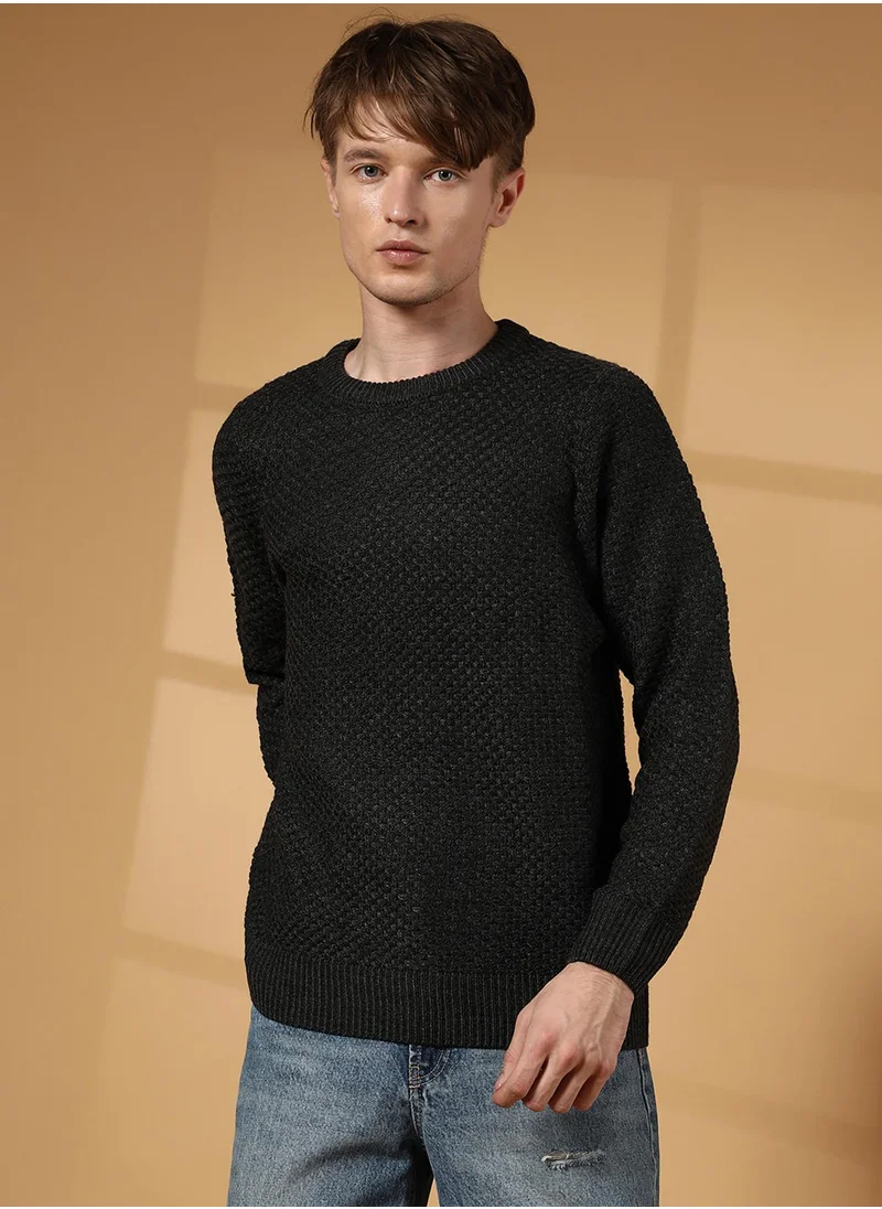 Campus Sutra Men's Onyx Black Solid Knitted Pullover Sweater