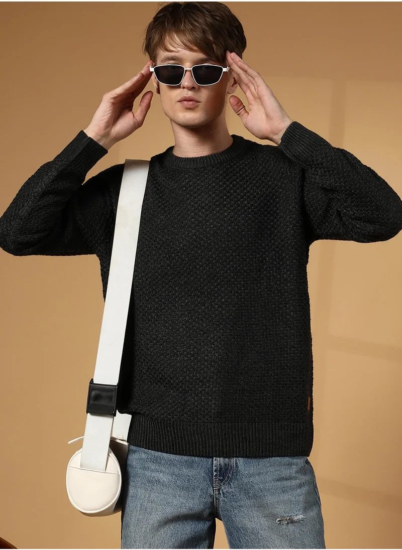 Campus Sutra Men's Onyx Black Solid Knitted Pullover Sweater