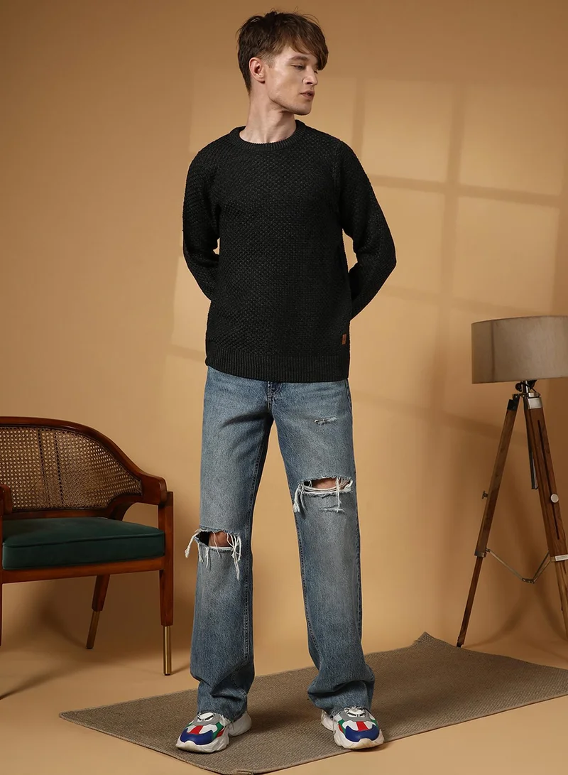 كامبوس سوترا Men's Onyx Black Solid Knitted Pullover Sweater
