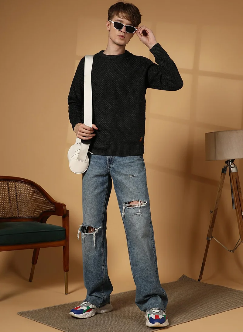 كامبوس سوترا Men's Onyx Black Solid Knitted Pullover Sweater