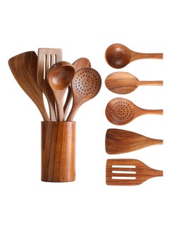 XICEN 6-Piece Wooden Spoons for Cooking,flat spatula+ three-line spatula+ slotted spoon + seasoning spoon+ large spoon+ storage bucket  - Image 1