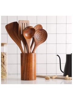 XICEN 6-Piece Wooden Spoons for Cooking,flat spatula+ three-line spatula+ slotted spoon + seasoning spoon+ large spoon+ storage bucket  - Image 4