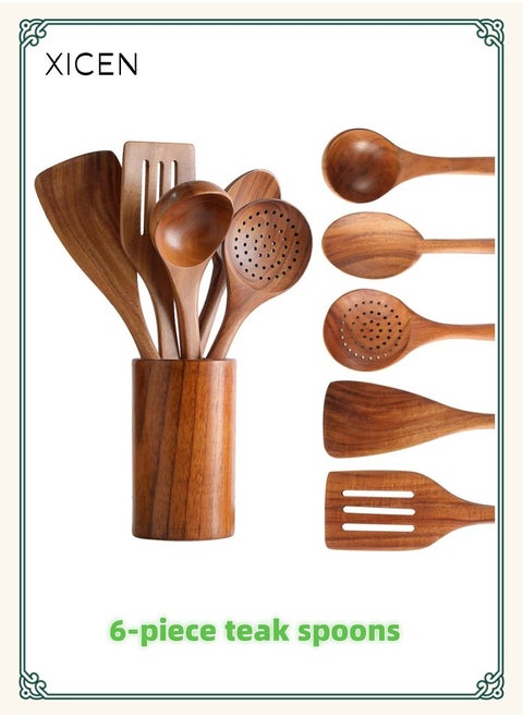 6-Piece Wooden Spoons for Cooking,flat spatula+ three-line spatula+ slotted spoon + seasoning spoon+ large spoon+ storage bucket