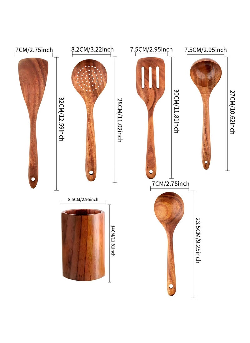 6-Piece Wooden Spoons for Cooking,flat spatula+ three-line spatula+ slotted spoon + seasoning spoon+ large spoon+ storage bucket
