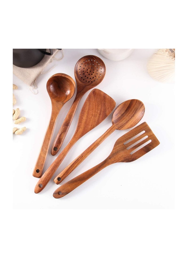 6-Piece Wooden Spoons for Cooking,flat spatula+ three-line spatula+ slotted spoon + seasoning spoon+ large spoon+ storage bucket