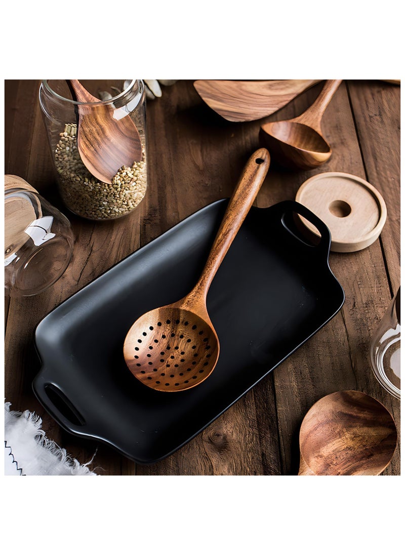 6-Piece Wooden Spoons for Cooking,flat spatula+ three-line spatula+ slotted spoon + seasoning spoon+ large spoon+ storage bucket