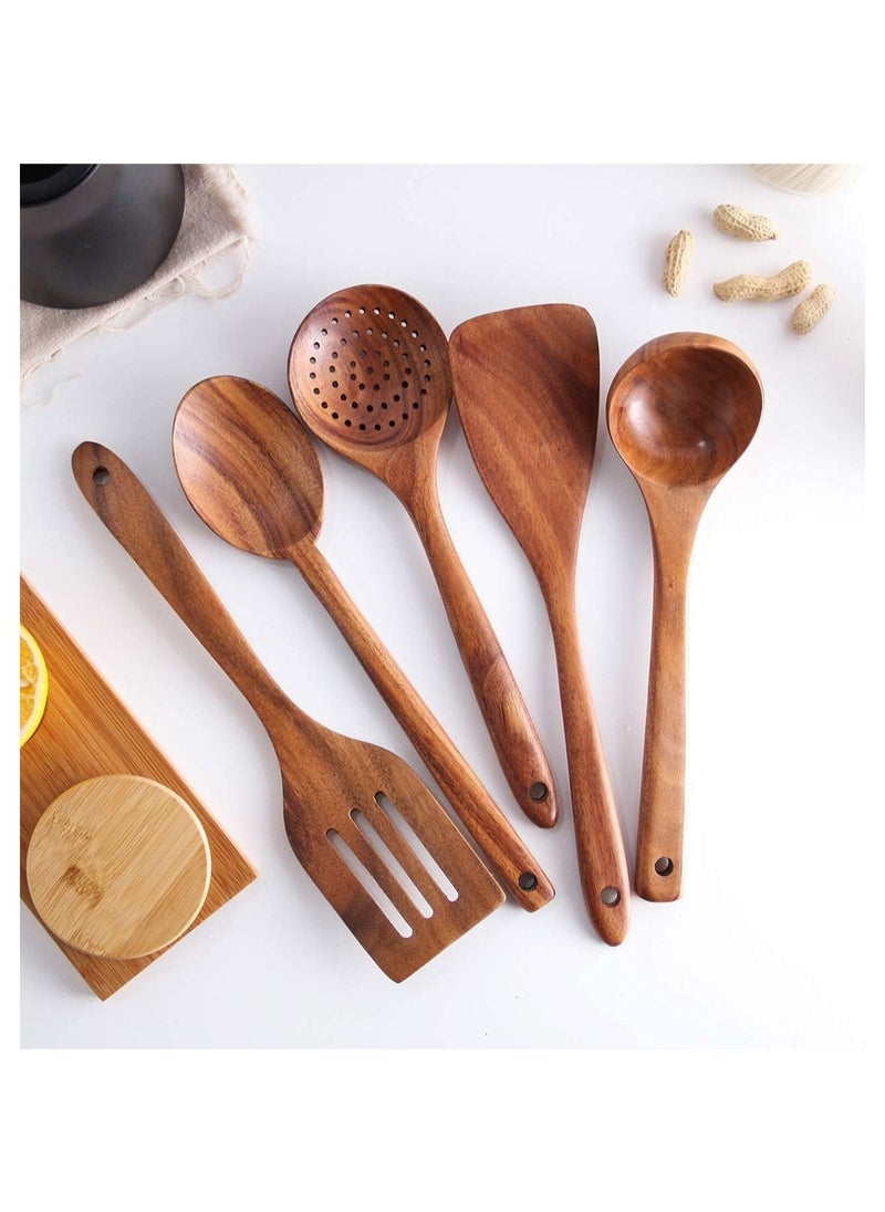6-Piece Wooden Spoons for Cooking,flat spatula+ three-line spatula+ slotted spoon + seasoning spoon+ large spoon+ storage bucket