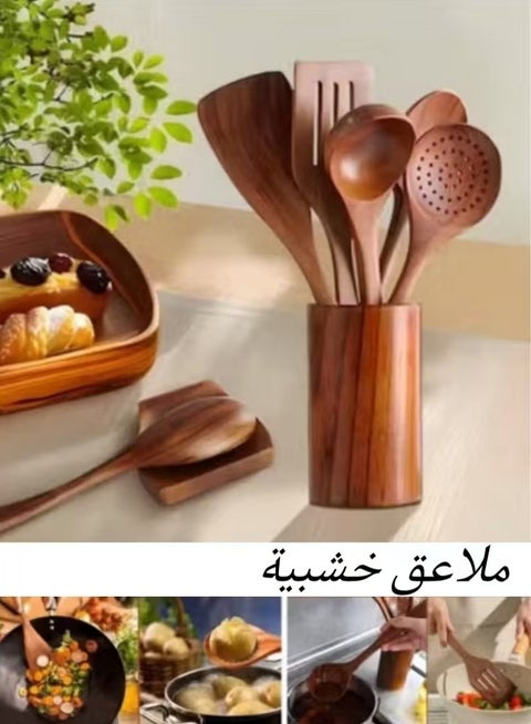 5+1Piece Wooden Spoons for Cooking,flat spatula+ three-line spatula+ slotted spoon + seasoning spoon+ large spoon+ storage bucket