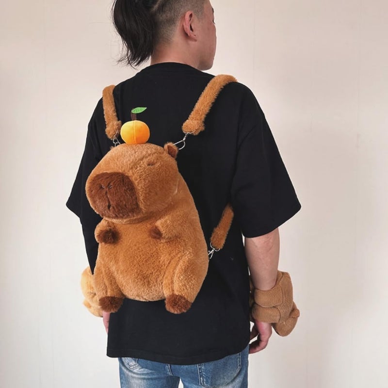 KASTWAVE Adorable Capybara Backpack with Leash - Fluffy Orange Stuffed Animal Shoulder  Bag - Image 4