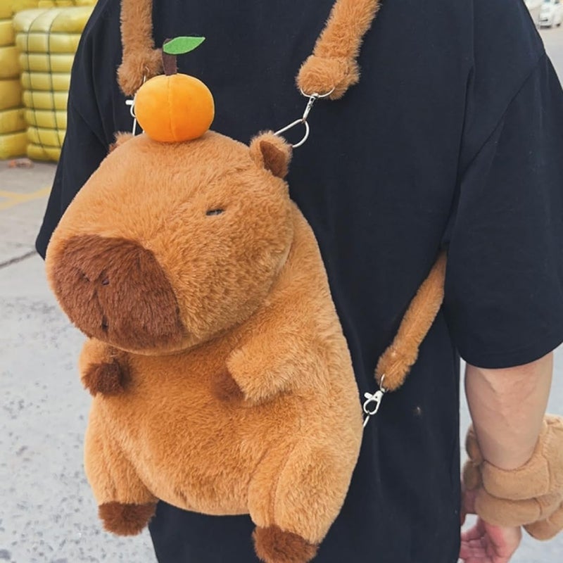 KASTWAVE Adorable Capybara Backpack with Leash - Fluffy Orange Stuffed Animal Shoulder  Bag - Image 2