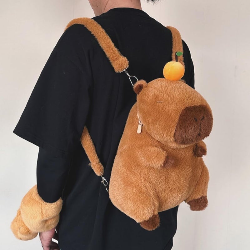 KASTWAVE Adorable Capybara Backpack with Leash - Fluffy Orange Stuffed Animal Shoulder  Bag - Image 3