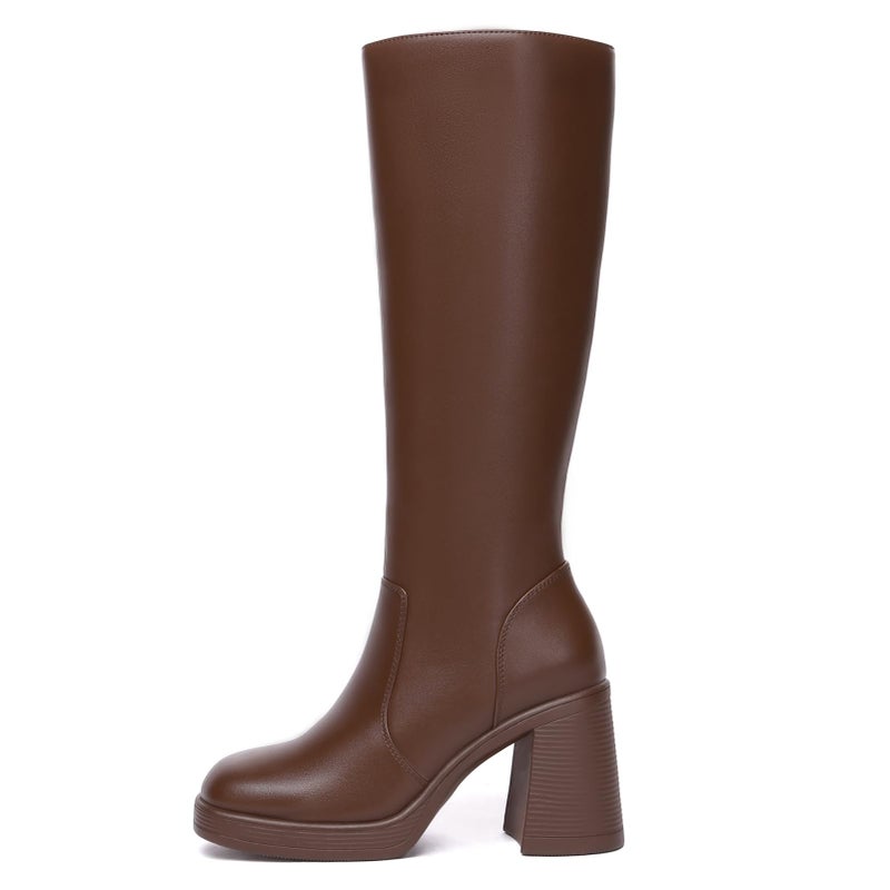 Athlefit Brown Boots Women Fall Knee High Platform Boots Waterproof Leather Chunky Blocked Booties Size 9.5 - Image 3