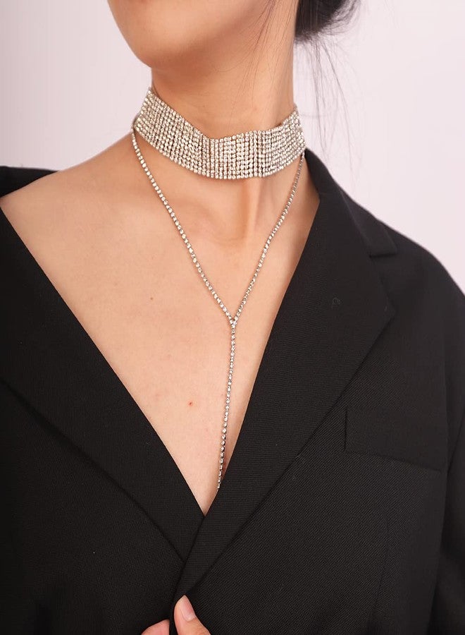 Wiwpar Layered Choker Necklace Rhinestones Necklace Fashion Multilayered Long Choker Necklaces Chains Silver for Women - Image 2