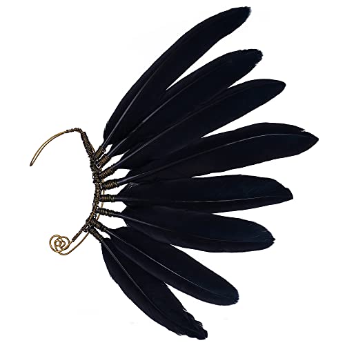 FRESHME Black Faux Feather Ear Cuffs Indian Ethnic Plume Ear Clips Viking Tribal Earrings Bronze Wire Wrapped Fairy Elf Ear Cuffs Wraps Fantasy Jewelry for Unisex Cosplay Costume Dress Accessories - Image 1