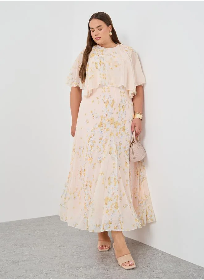 ستايلي Styli Floral Print Cape Sleeve A-Line Maxi Dress