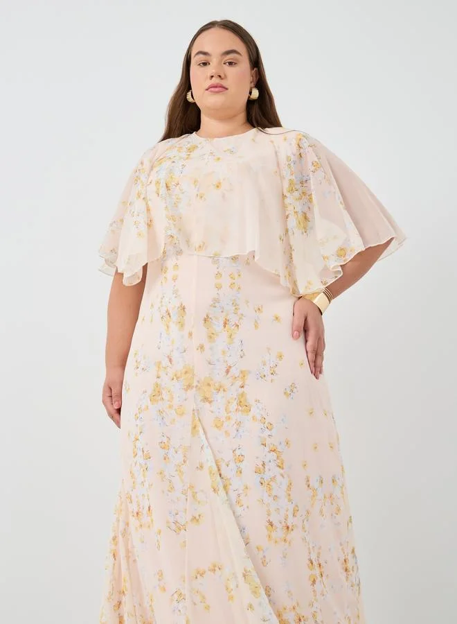 Styli Styli Floral Print Cape Sleeve A-Line Maxi Dress
