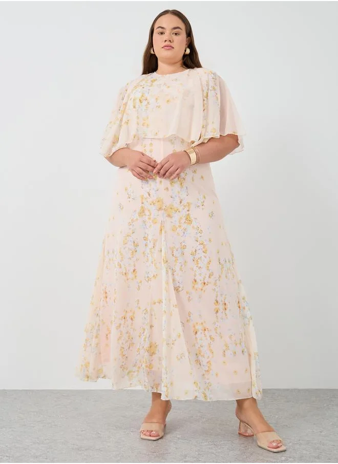 ستايلي Styli Floral Print Cape Sleeve A-Line Maxi Dress