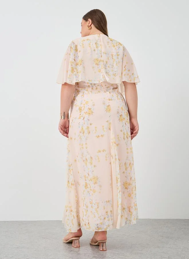 Styli Styli Floral Print Cape Sleeve A-Line Maxi Dress
