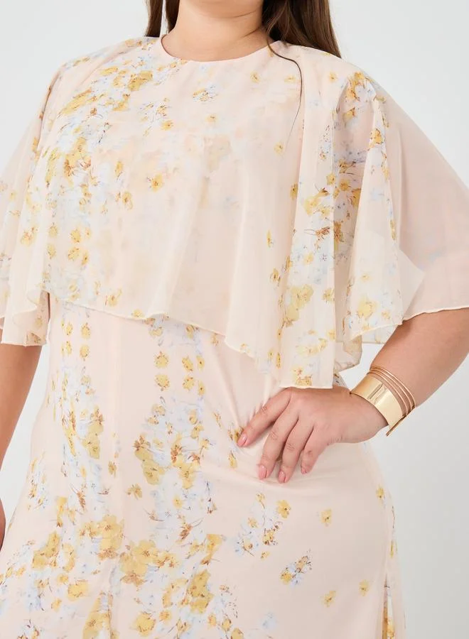 Styli Styli Floral Print Cape Sleeve A-Line Maxi Dress