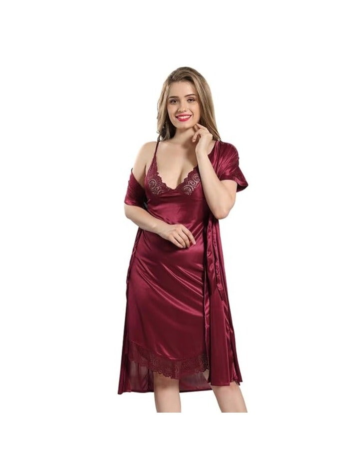 Accessorize Kingdom Women Satin Short Nighty with Lace & Robe  - Image 1