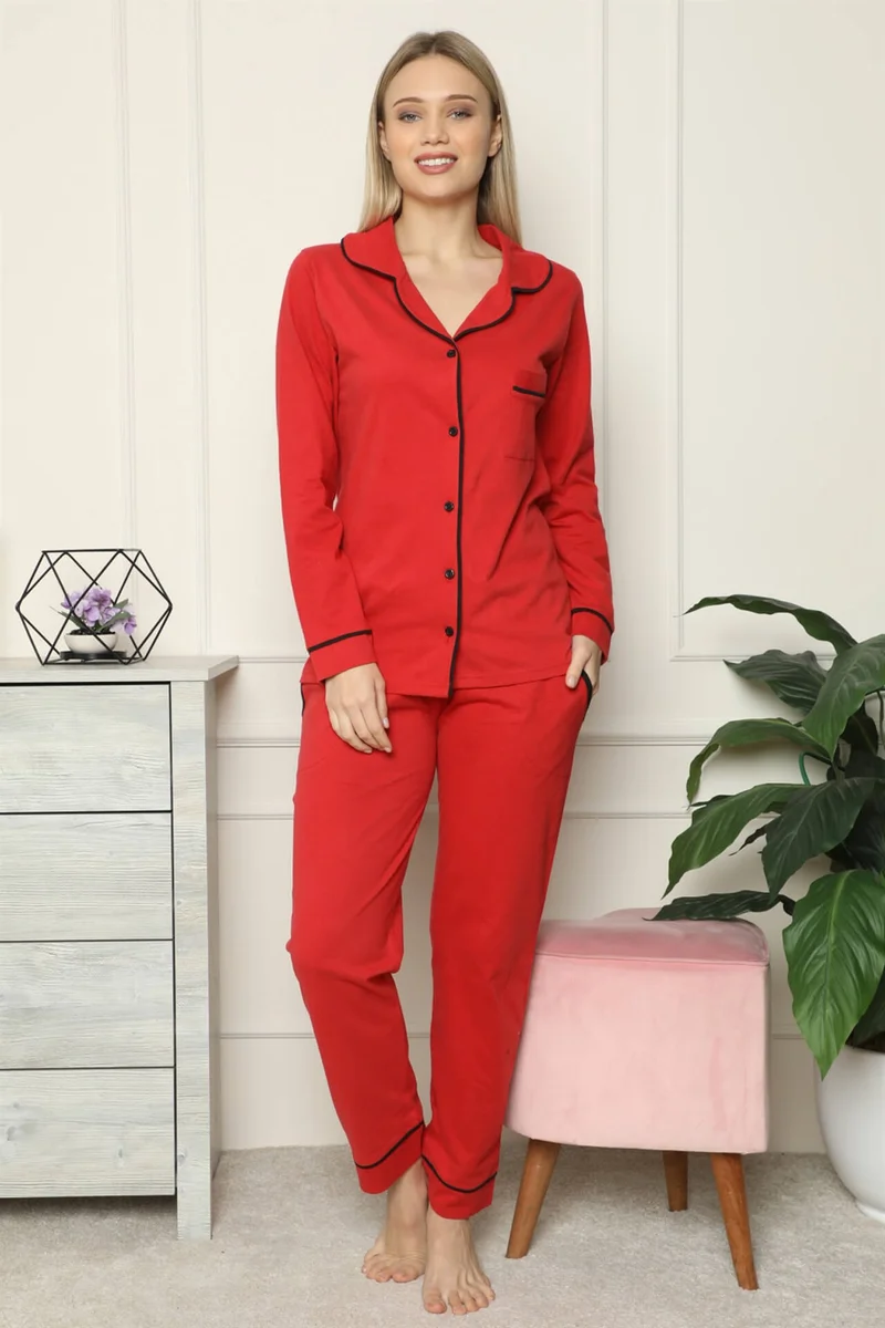 Eliş Şile Bezi Women's 100% Cotton Combed Cotton Front Buttoned Long Sleeve Pajamas Set 2714