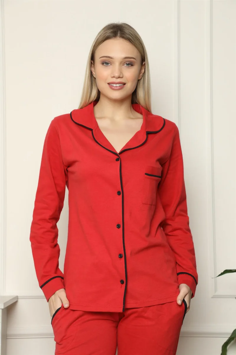 Eliş Şile Bezi Women's 100% Cotton Combed Cotton Front Buttoned Long Sleeve Pajamas Set 2714