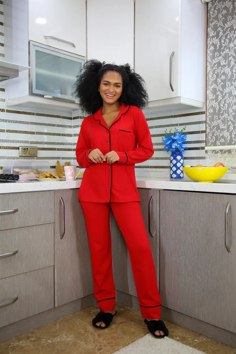 Eliş Şile Bezi Women's 100% Cotton Combed Cotton Front Buttoned Long Sleeve Pajamas Set 2714