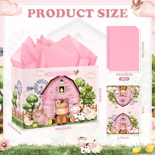 Innovoscape Farm Animals Theme Birthday Gift Bag for Girls Baby Shower Pink Farmhouse Barnyard Gift Bag Wrapping Paper Card Large Cows Pigs Gifts Bag for Baby Shower Farm Birthday Party Favors Supplies - Image 2