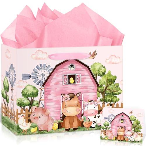 Innovoscape Farm Animals Theme Birthday Gift Bag for Girls Baby Shower Pink Farmhouse Barnyard Gift Bag Wrapping Paper Card Large Cows Pigs Gifts Bag for Baby Shower Farm Birthday Party Favors Supplies - Image 1
