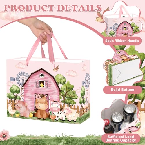 Innovoscape Farm Animals Theme Birthday Gift Bag for Girls Baby Shower Pink Farmhouse Barnyard Gift Bag Wrapping Paper Card Large Cows Pigs Gifts Bag for Baby Shower Farm Birthday Party Favors Supplies - Image 3