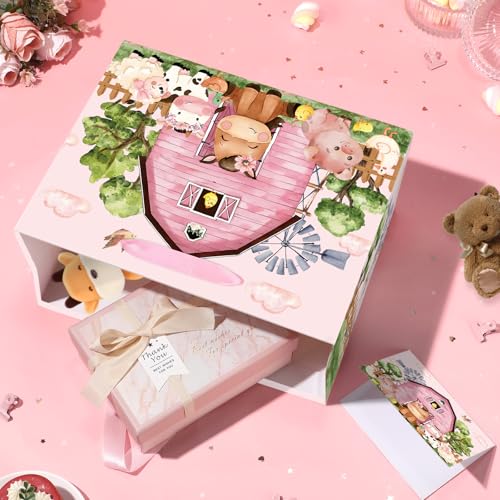 Innovoscape Farm Animals Theme Birthday Gift Bag for Girls Baby Shower Pink Farmhouse Barnyard Gift Bag Wrapping Paper Card Large Cows Pigs Gifts Bag for Baby Shower Farm Birthday Party Favors Supplies - Image 4
