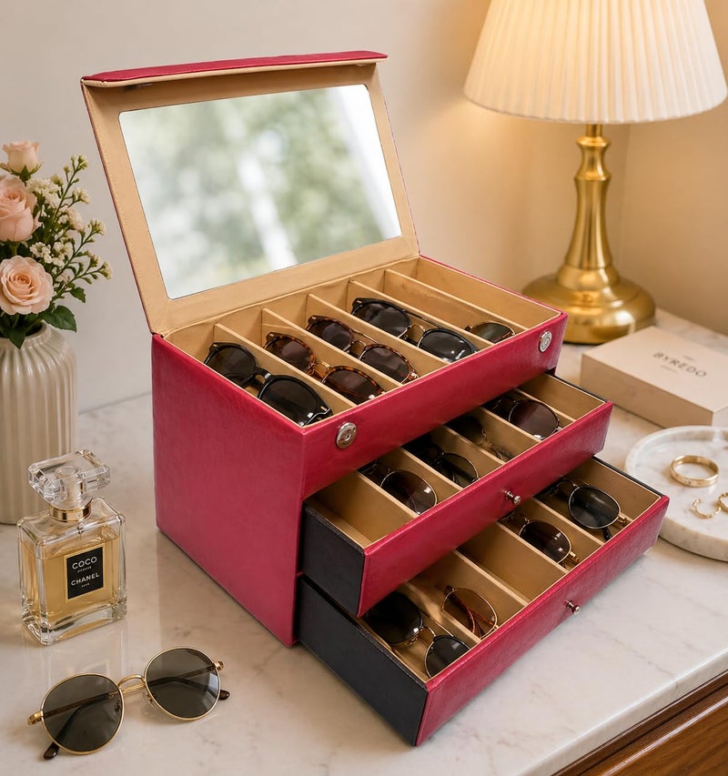 essart Faux Leather Croro-Finish-Print Sunglasses case Double Storey Magnetic Closure Sunglasses Box Organizer, Transparent lid Feature (SG-005-Maroon) - Image 5